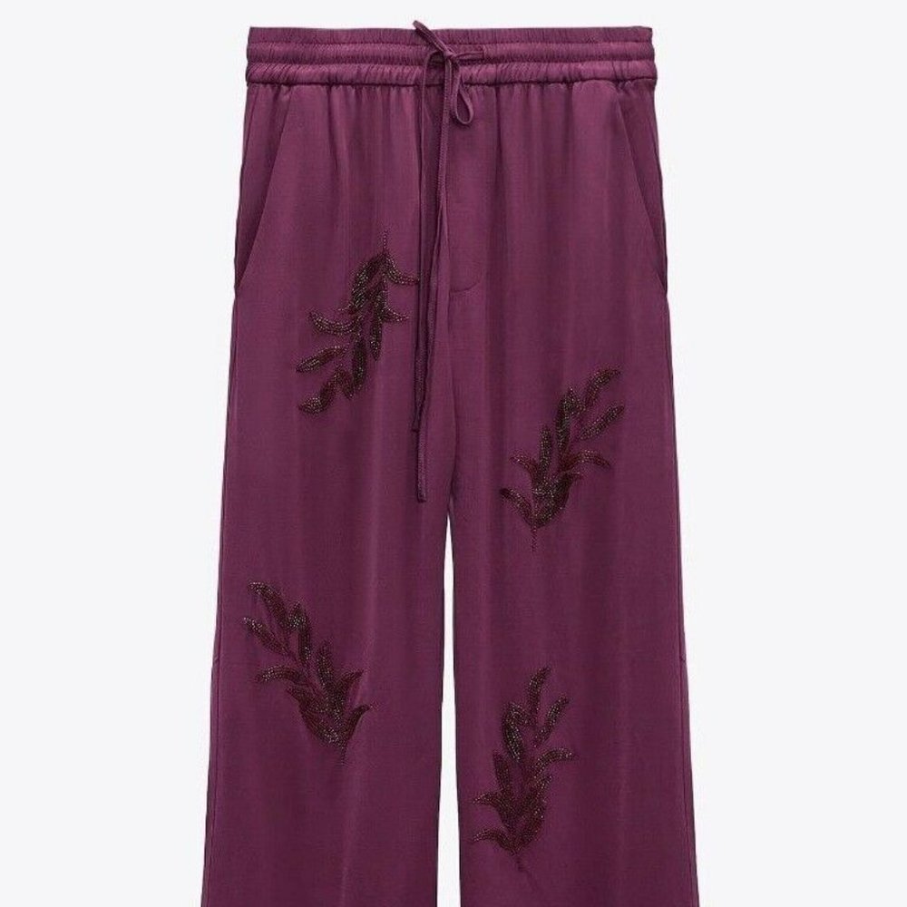ZARA~ LAST ONE!  HIGH-WAIST TROUSERS WITH BEADED EMBROIDERY DARK PURPLE XS